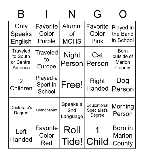 MCHS Faculty Bingo Card