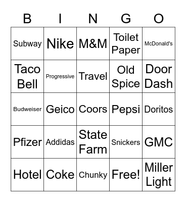 Super Bowl Commercial BINGO Card
