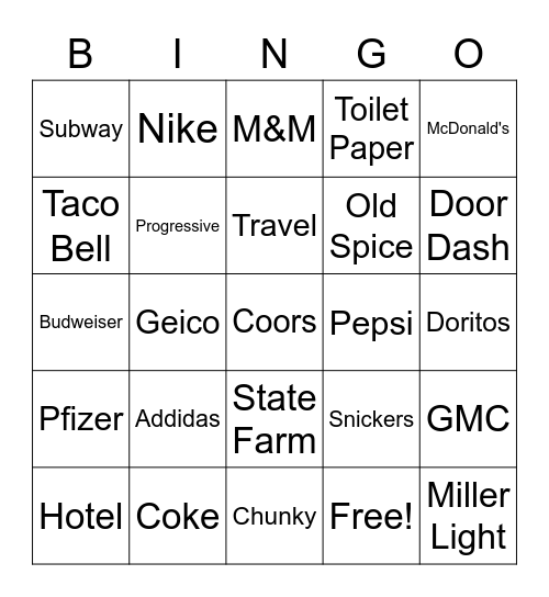 Super Bowl Commercial BINGO Card