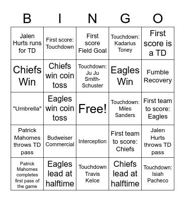 Super Bowl LVII Bingo Card