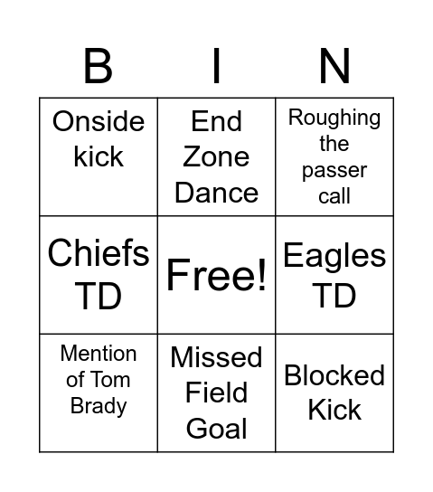 SuperBowl 2023 Bingo Card