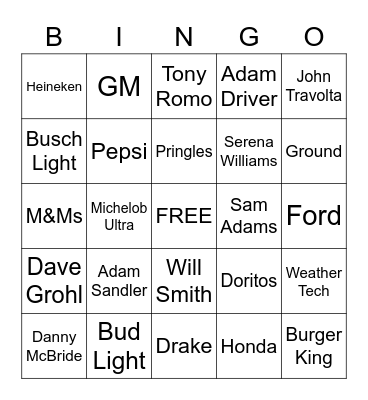 Super Bowl LVII Commercial Bingo Card
