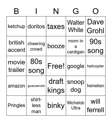 Super Bowl Commercial Bingo Card