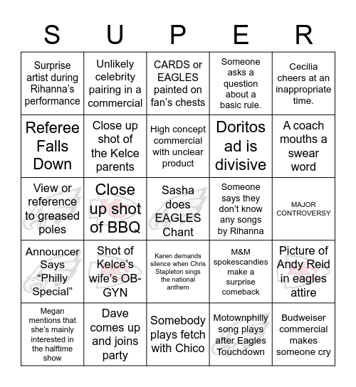 Super Bowl Bingo Card