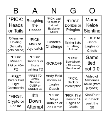 Super Bowl BANGo Bingo Card