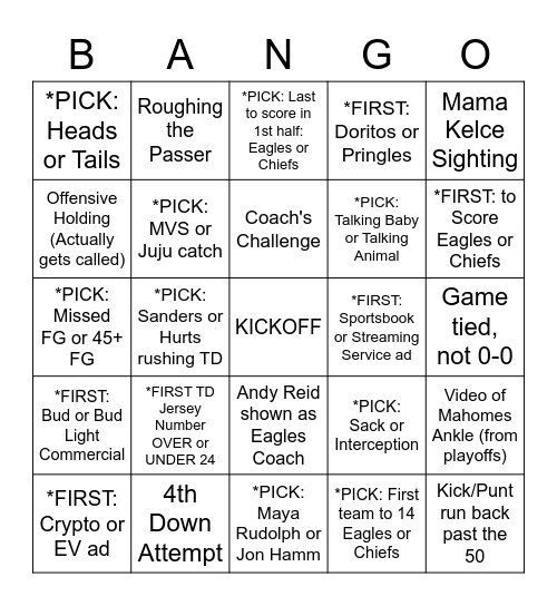 Super Bowl BANGo Bingo Card