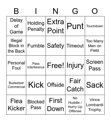 Super Bowl Bingo Card