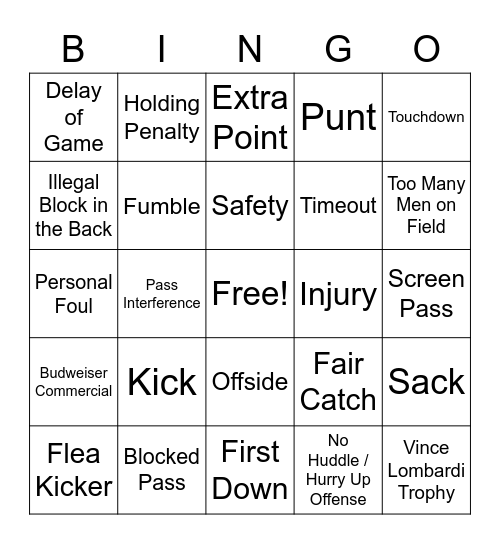 Super Bowl Bingo Card