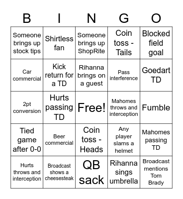 Super Bowl Bingo Card