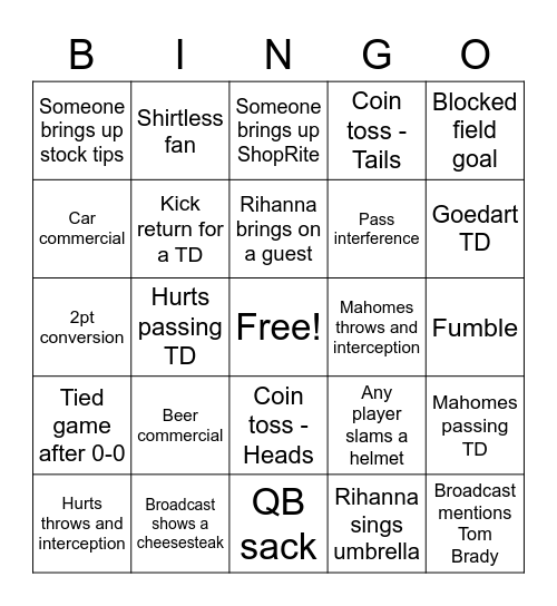 Super Bowl Bingo Card