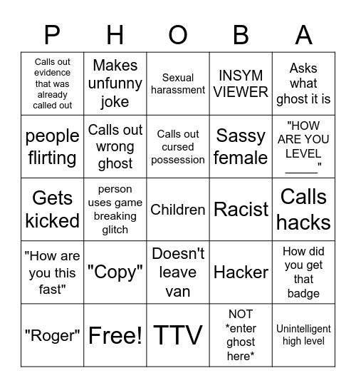 Phasmophobia Public Lobbies Bingo Card
