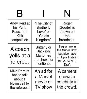 Superbowl 57 Bingo Card