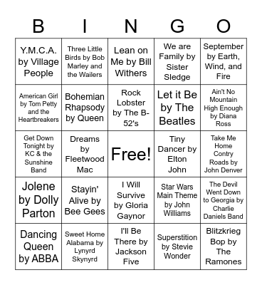 Music of the 70's Bingo Card