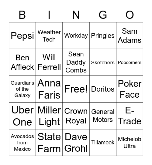 Super Bowl Commercials 2023 Bingo Card