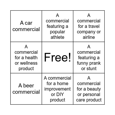 Commercials Bingo Card