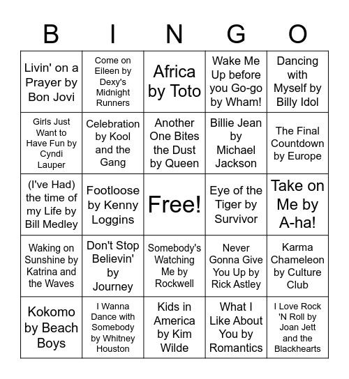 Songs from the 80's Bingo Card