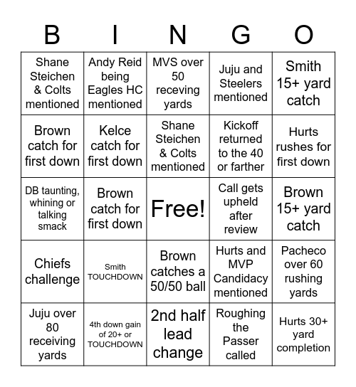 Superbowl Bingo Card