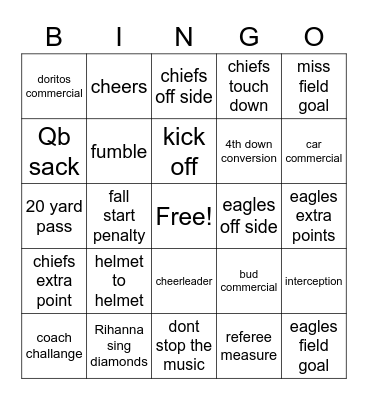 super bowl LVII Bingo Card