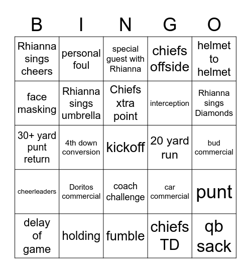 Superbowl LVII Bingo Card