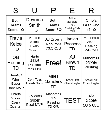 Super Bowl LVII Bingo Card