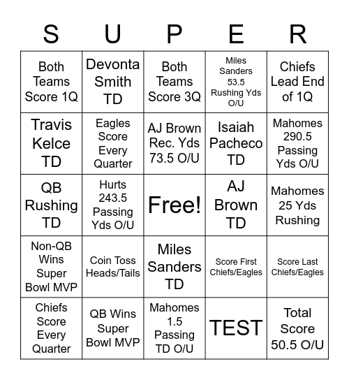 Super Bowl LVII Bingo Card