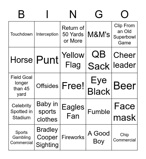 Superbowl Bingo Card