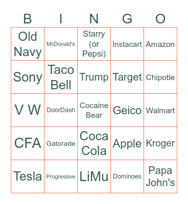 Super Bowl Commercials Bingo Card