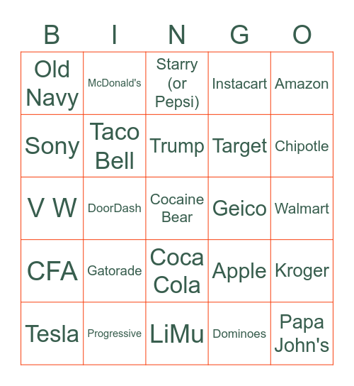 Super Bowl Commercials Bingo Card