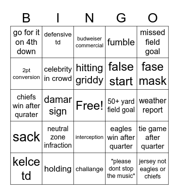 superbowl 57 Bingo Card