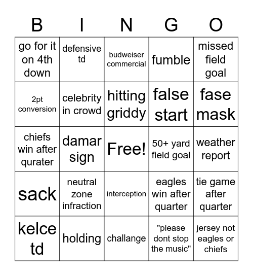 superbowl 57 Bingo Card