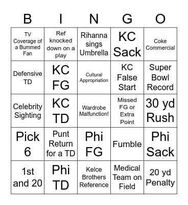 Super Bowl Bingo! Bingo Card