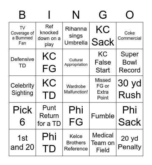 Super Bowl Bingo! Bingo Card