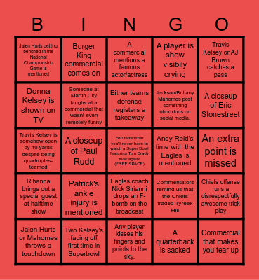 Superbowl 57 Bingo Card