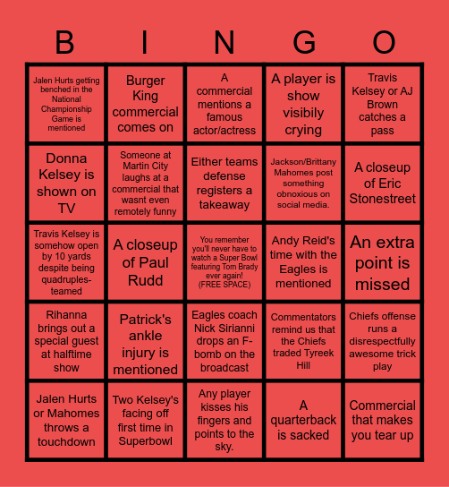 Superbowl 57 Bingo Card