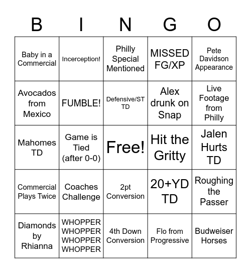 Super Bowl LVII Bingo Card