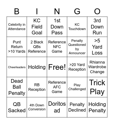 Super Bowl 2023 Bingo Card