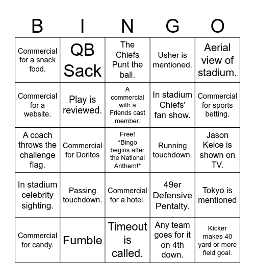 SUPER BOWL BINGO! Bingo Card