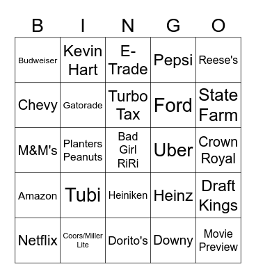 Super Bowl Commercial Bingo Card