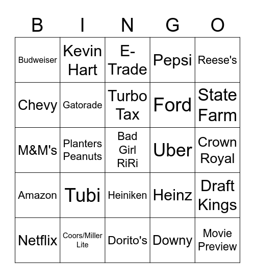 Super Bowl Commercial Bingo Card