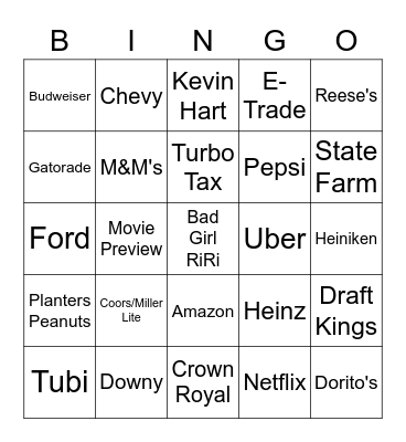 Super Bowl Commercial Bingo Card