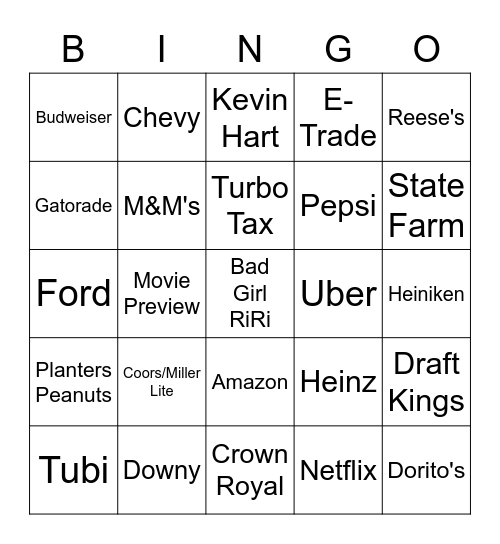 Super Bowl Commercial Bingo Card