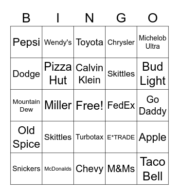 Super Bowl Commercial Bingo Card