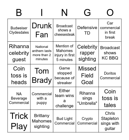 Super Bowl Bingo Card