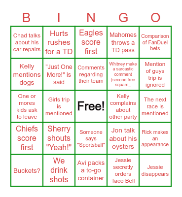 NCC Superbowl Bingo Card