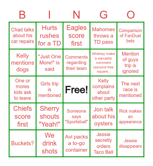 NCC Superbowl Bingo Card