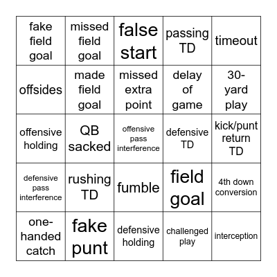 Super Bowl Bingo Card