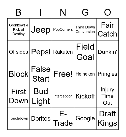 Super Bowl Bingo Card