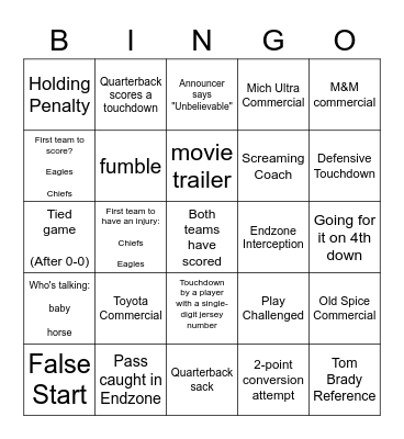 SuperBowl 2023 Bingo Card