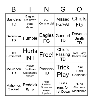 Super Bowl 2023 Bingo Card