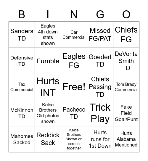 Super Bowl 2023 Bingo Card